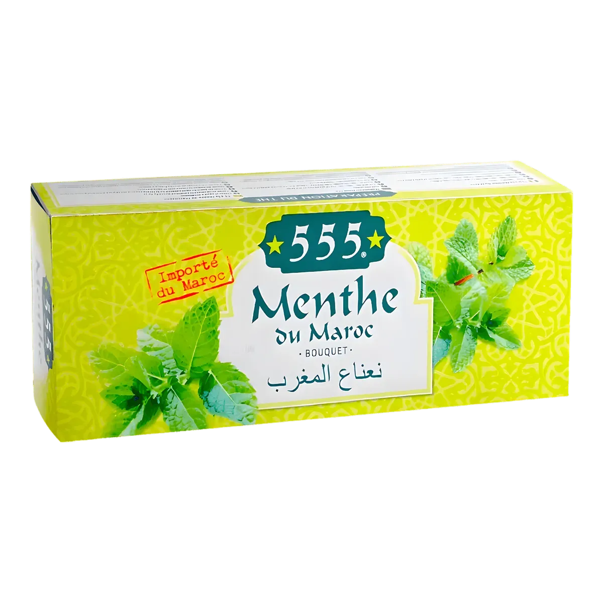 Boîte de thé menthe sèche NANA 555 importée du Maroc, emballage vert avec feuilles de menthe illustrées, infusion rafraîchissante.